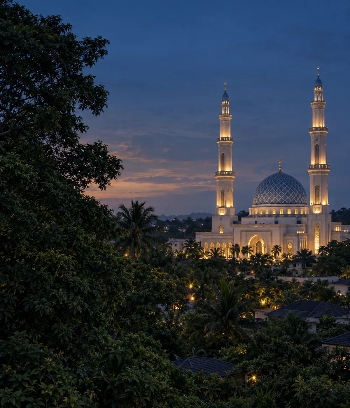 Illustrative fictional Malaysian mosque at dusk; a public landmark, not a confirmed home