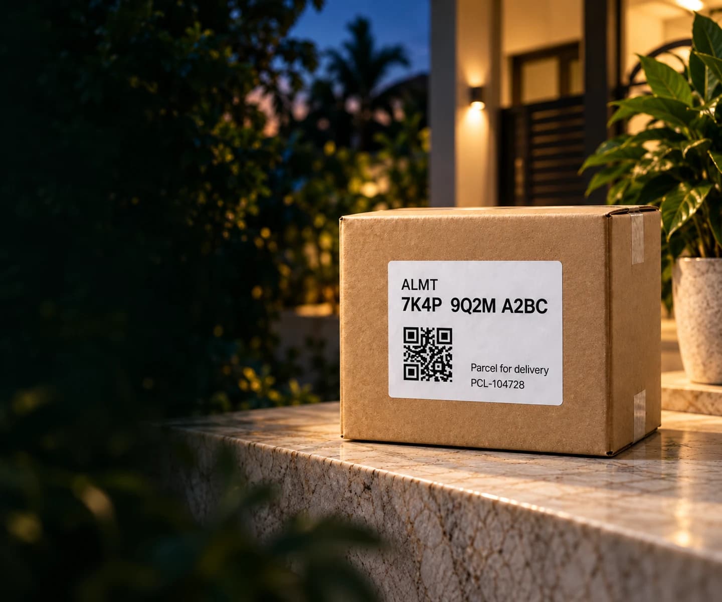 Illustrative brown parcel with a white ALMT 7K4P 9Q2M A2BC label and QR; no personal details