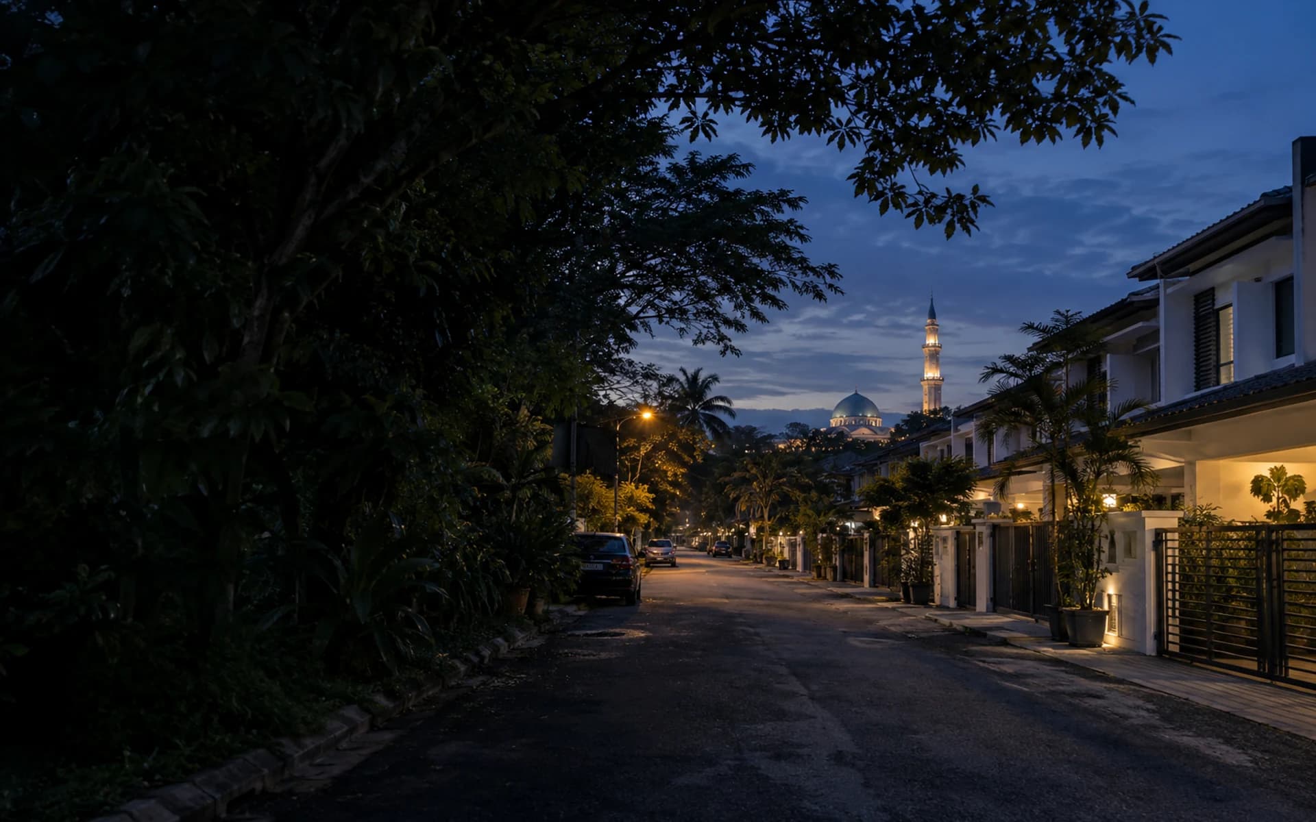 Illustrative Malaysian residential street at blue hour, with white terrace houses and a distant mosque