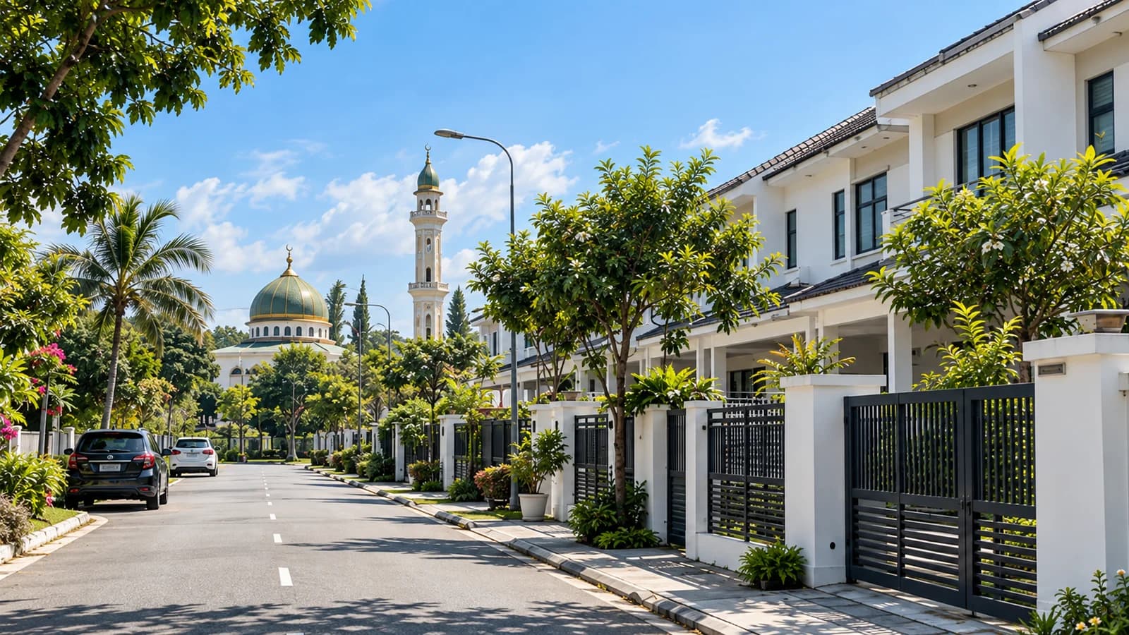 Illustrative Malaysian residential lane with a mosque nearby and white houses with black gates