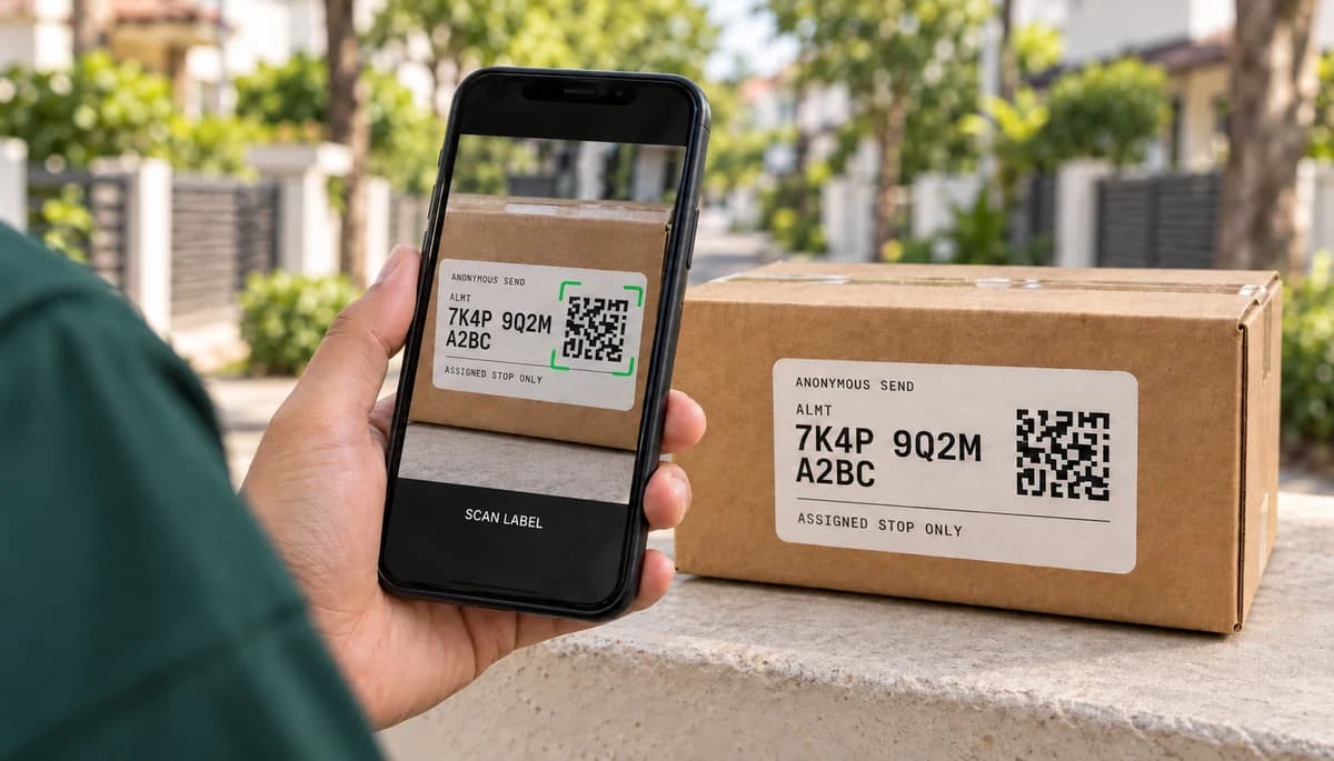 Illustrative driver scanning the Alamat QR on a parcel with a phone